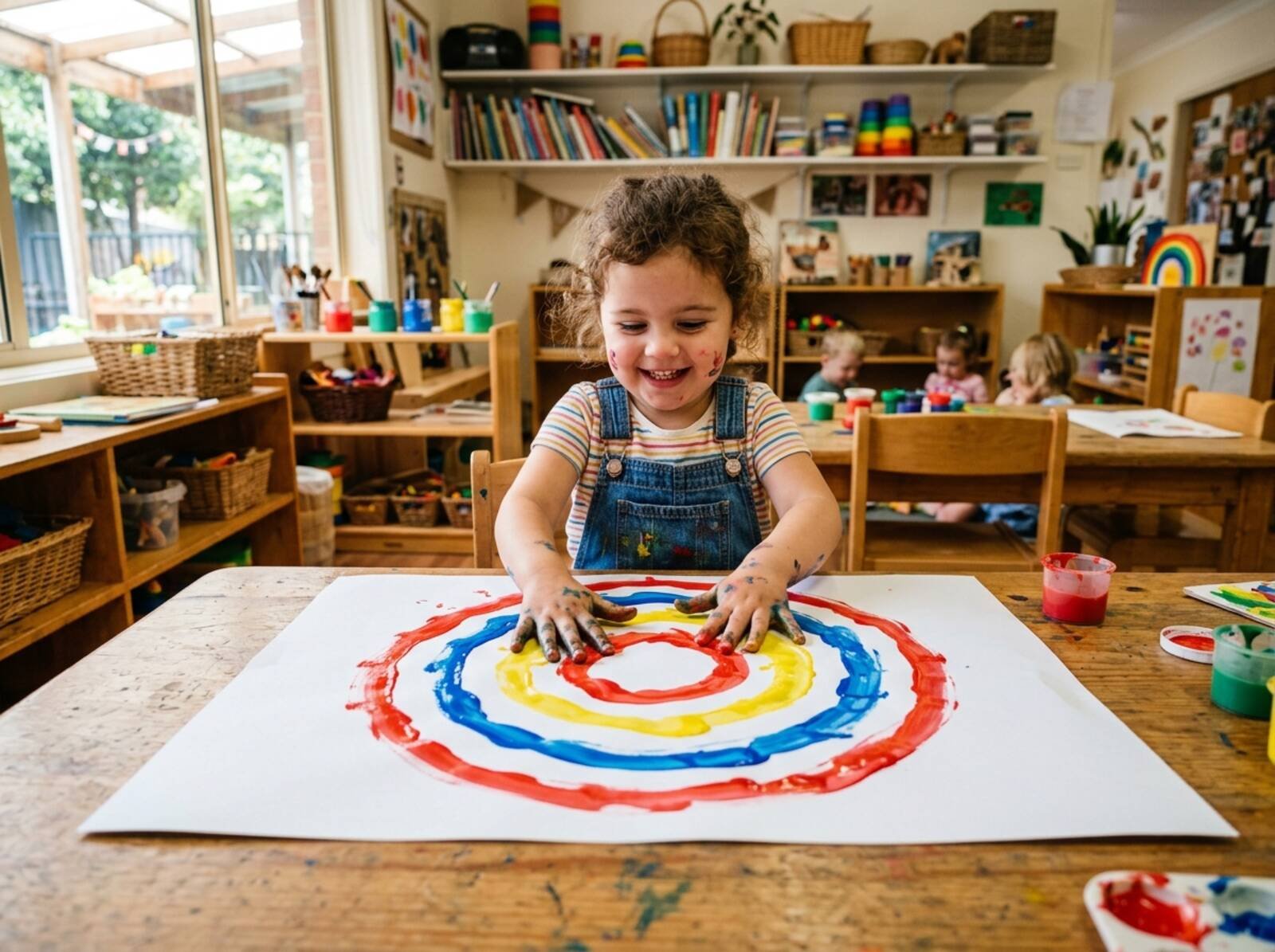 Niño pintando círculos concéntricos con pintura de dedos en el aula, actividad Kandinsky para niños de 2-3 años