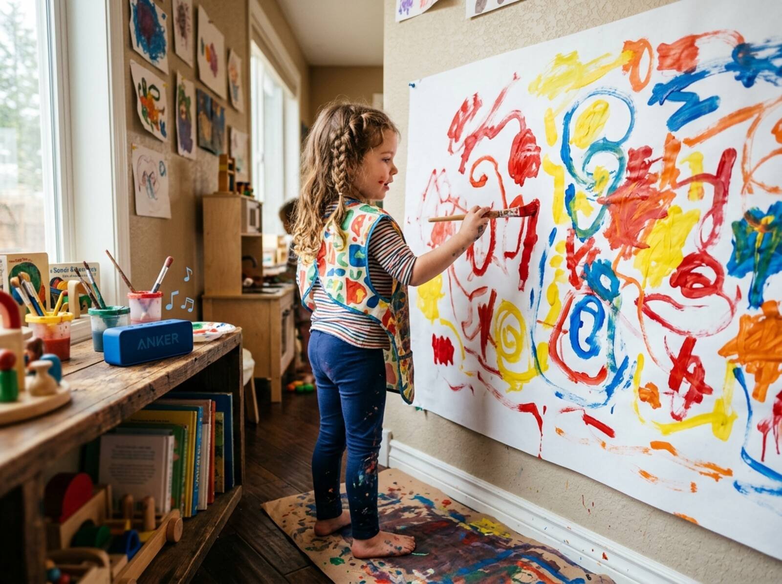Niño pintando libremente con témperas al ritmo de música clásica, proyecto Kandinsky para educación infantil