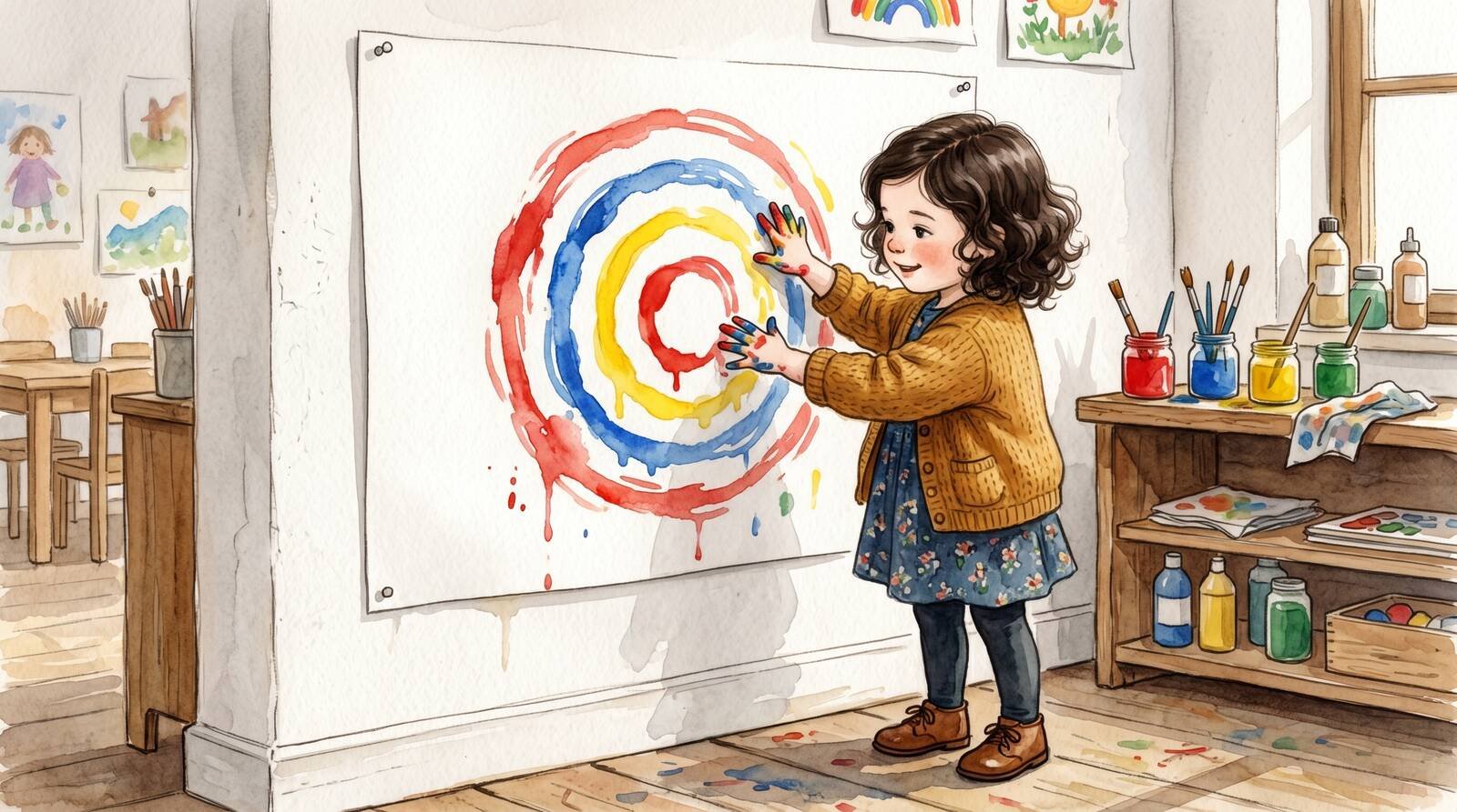 Ilustración de Noa pintando círculos concéntricos con pintura de dedos estilo Kandinsky