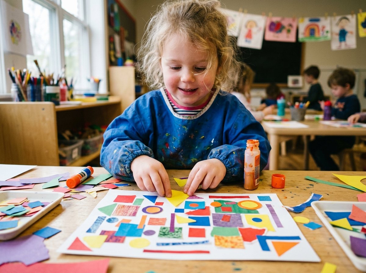 Niño creando collage abstracto con papeles de colores estilo Klee — Los Mundos de Noa