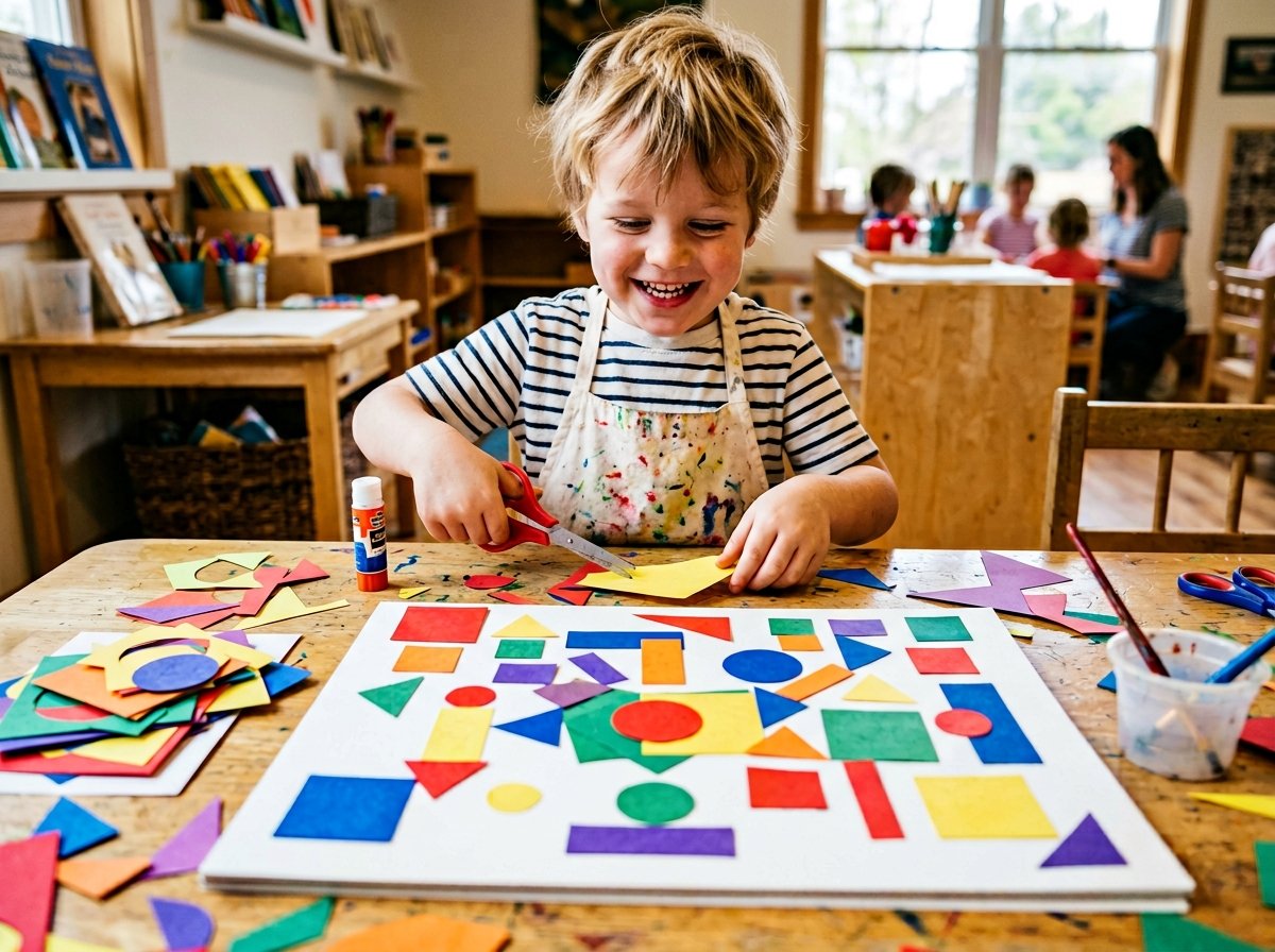 Niño recortando formas geométricas y componiendo estilo Klee — Los Mundos de Noa
