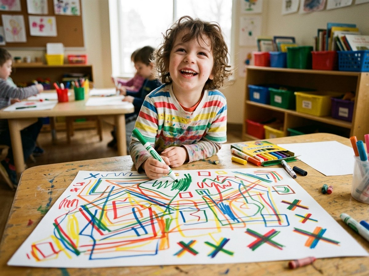 Niño dibujando líneas y cruces coloridas estilo Klee — Los Mundos de Noa