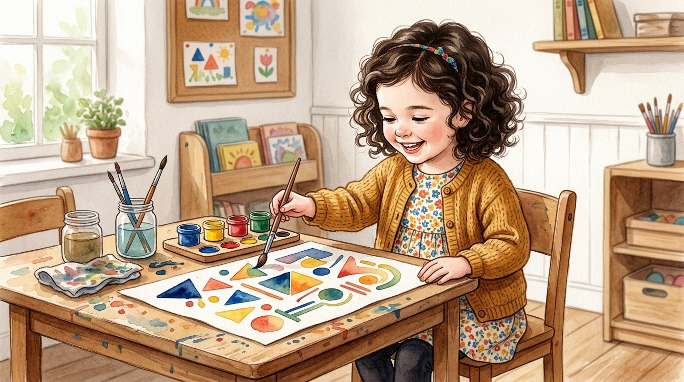 Noa creando formas geométricas coloridas estilo Klee — ilustración acuarela infantil — Los Mundos de Noa