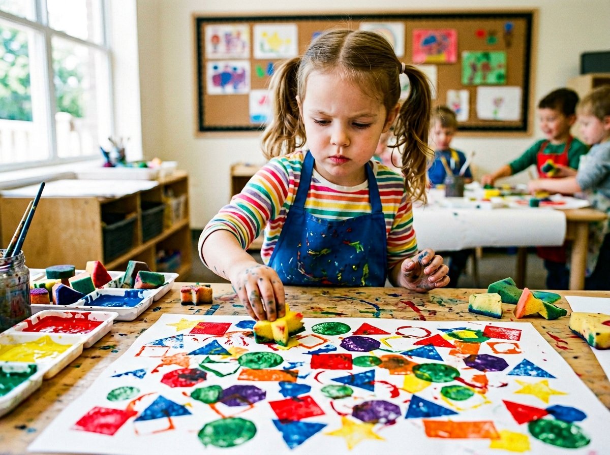 Niño selland o formas geométricas creando patrón estilo Klee — Los Mundos de Noa
