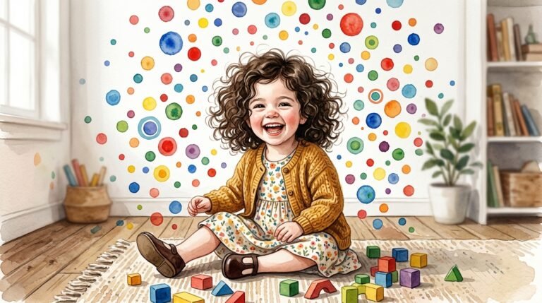 Noa rodeada de puntos infinitos estilo Kusama — ilustración acuarela infantil — Los Mundos de Noa