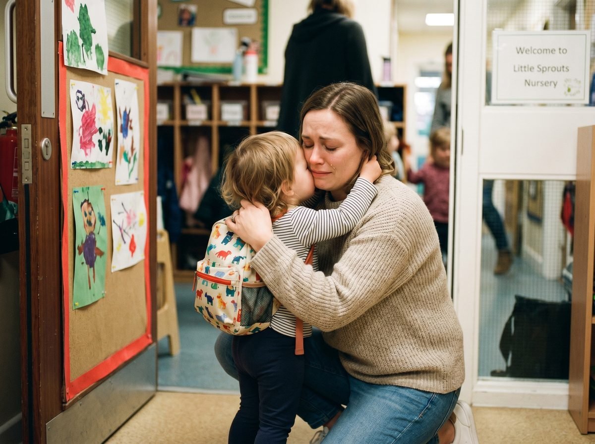 Madre despidiéndose de su bebé en la puerta de la guardería abrazo ansiedad separación — Los Mundos de Noa