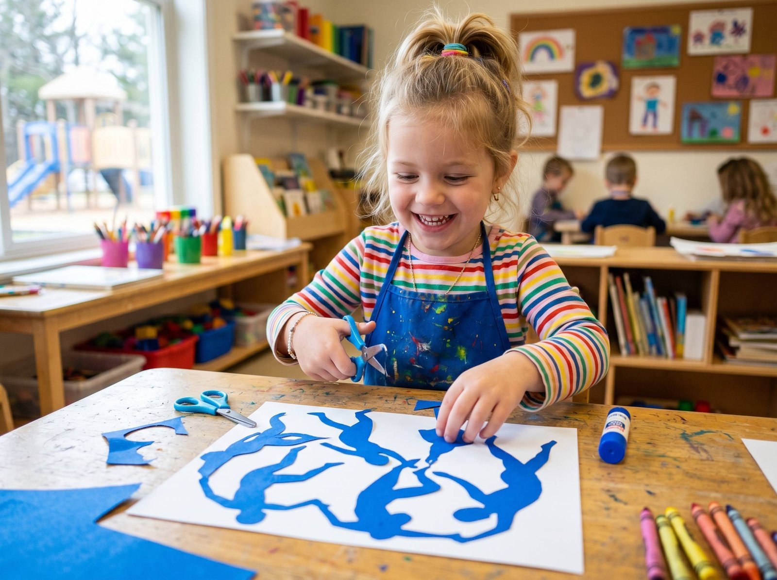 Niño recortando y pegando silueta de bailarina con papel azul estilo Matisse — Los Mundos de Noa