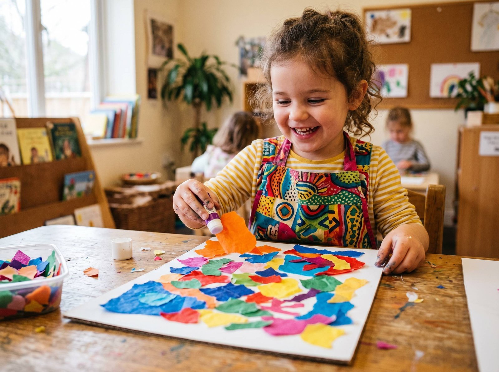 Niño pegando trozos de papel de seda de colores sobre cartulina blanca estilo Matisse — Los Mundos de Noa
