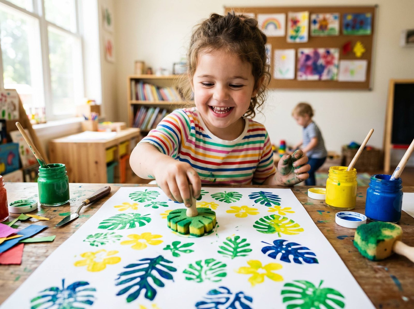 Niño estampando hojas con pintura verde y amarilla sobre papel blanco estilo decoración tropical de Matisse — Los Mundos de Noa
