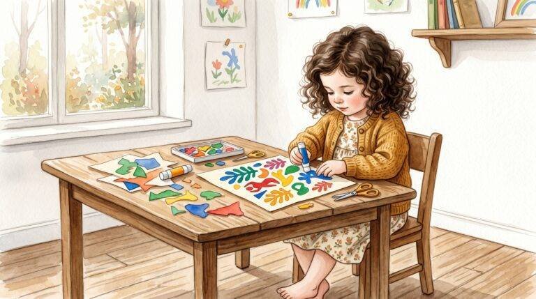 Noa haciendo collage estilo Matisse — ilustración acuarela infantil — Los Mundos de Noa