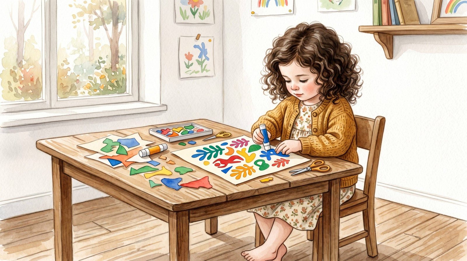 Noa haciendo collage estilo Matisse — ilustración acuarela infantil — Los Mundos de Noa
