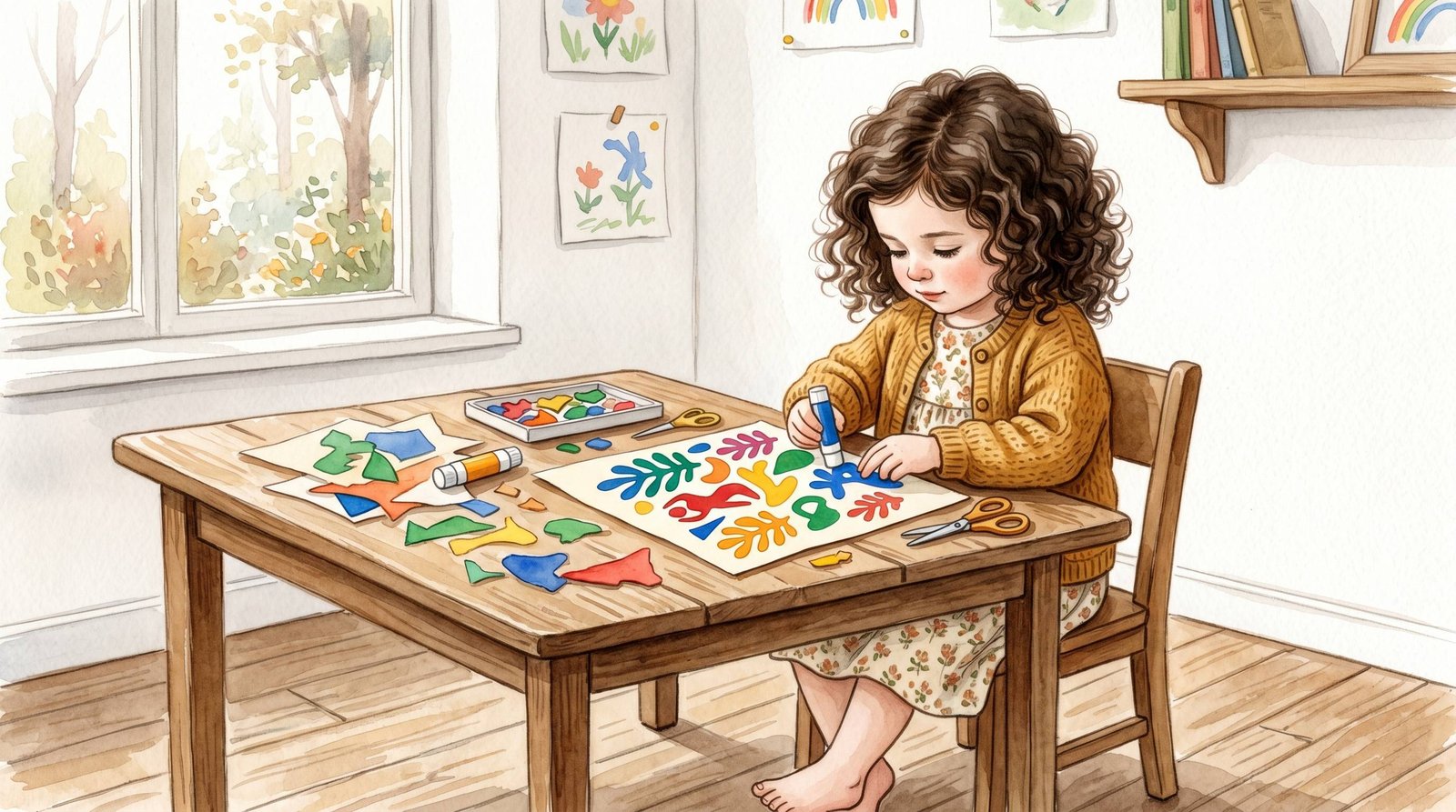 Noa haciendo collage de colores estilo Matisse — Los Mundos de Noa