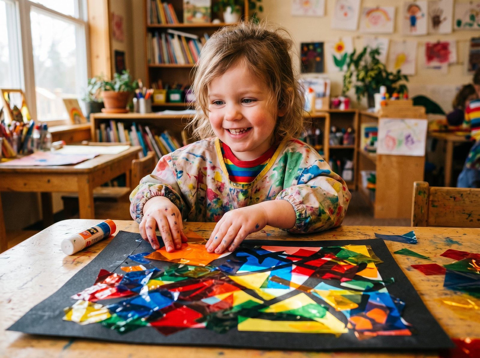 Niño pegando papel celofán de colores sobre cartulina negra creando efecto vitral estilo Matisse — Los Mundos de Noa