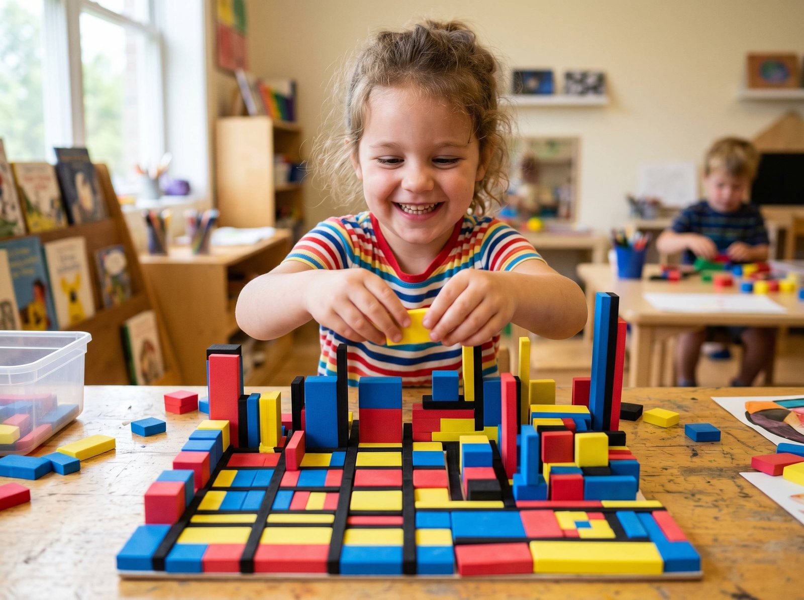 Niño apilando bloques de colores para crear composición estilo Mondrian — Los Mundos de Noa