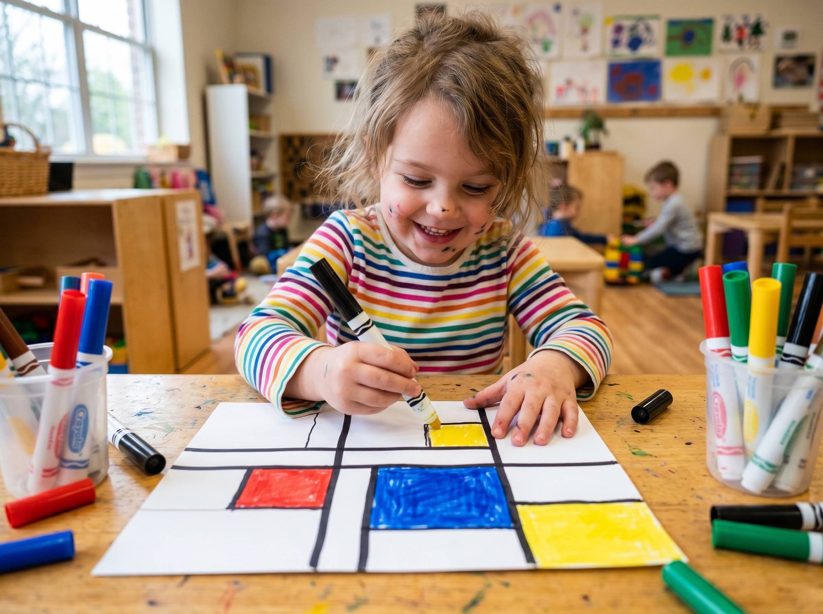 Niño dibujando líneas negras y rellenando cuadrados con colores primarios estilo Mondrian — Los Mundos de Noa