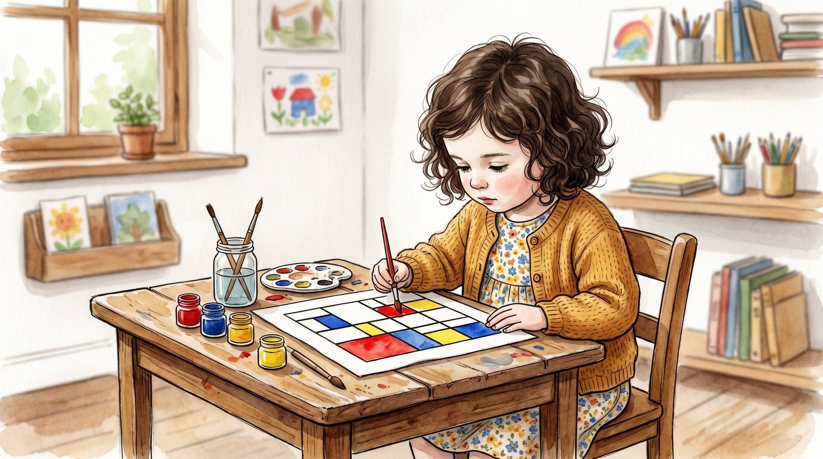 Noa creando cuadrícula geométrica estilo Mondrian — Los Mundos de Noa