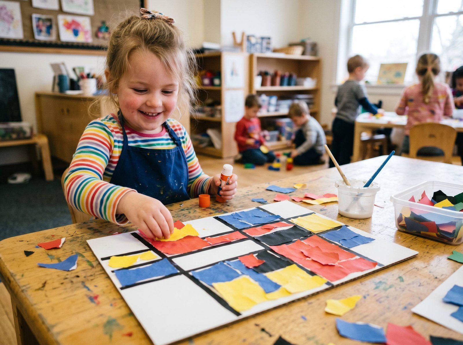Niño rasgando papel de colores y componiendo estilo Mondrian — Los Mundos de Noa