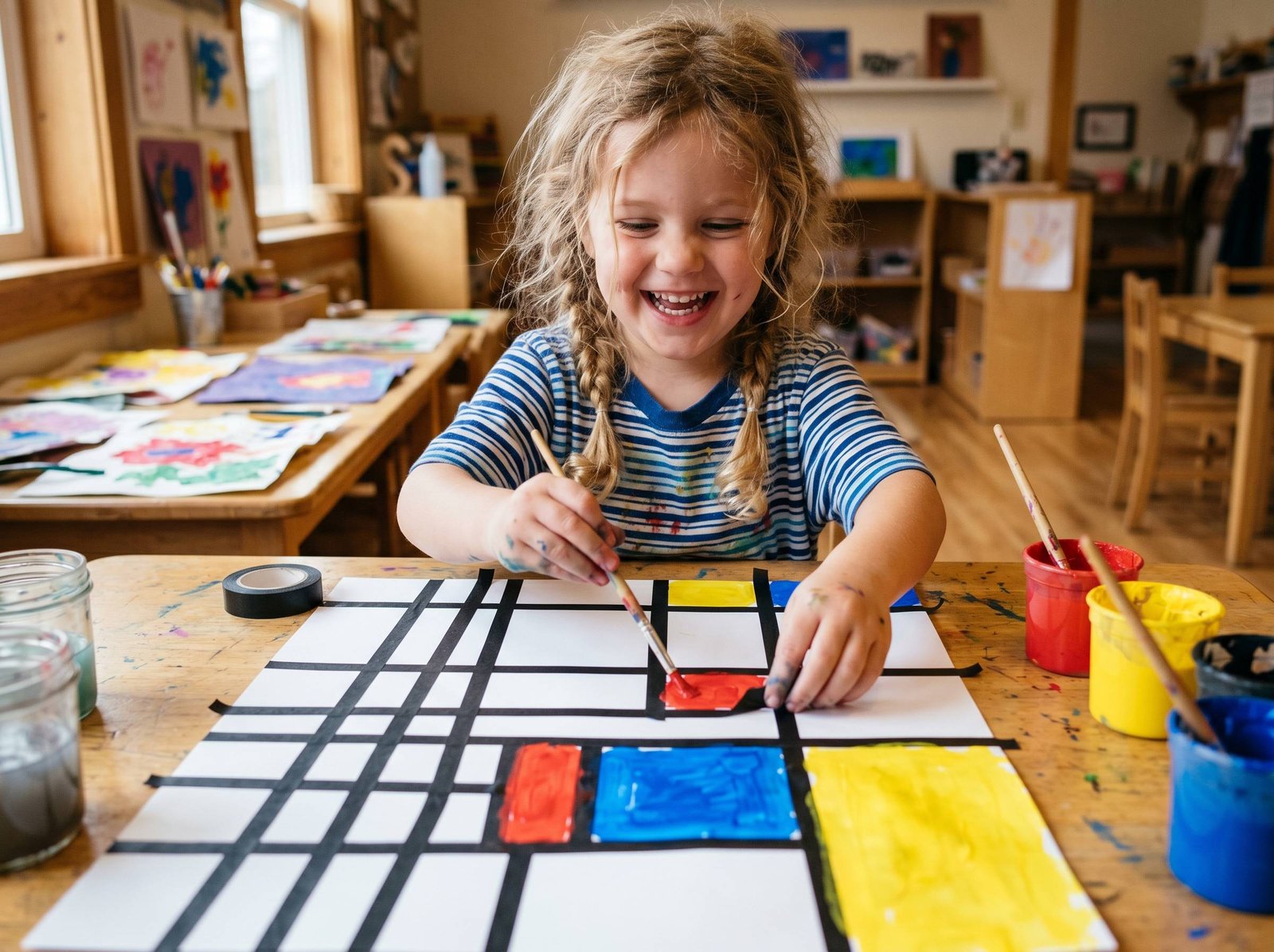 Niño pegando washi tape negro para crear cuadrícula estilo Mondrian — Los Mundos de Noa