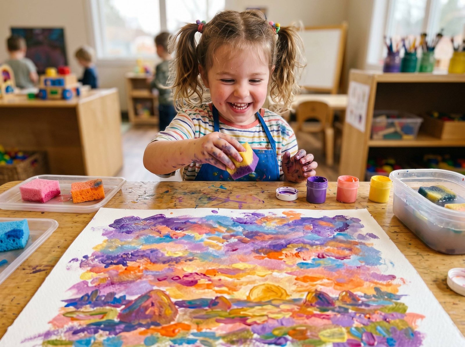Niño usando esponjas mojadas y témpera para crear cielo impresionista estilo Monet — Los Mundos de Noa