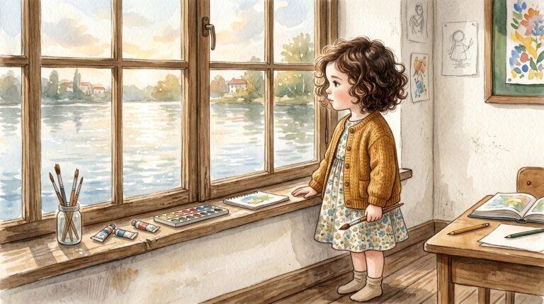 Noa de pie junto a ventana del aula observando luz y reflejos estilo Monet — Los Mundos de Noa