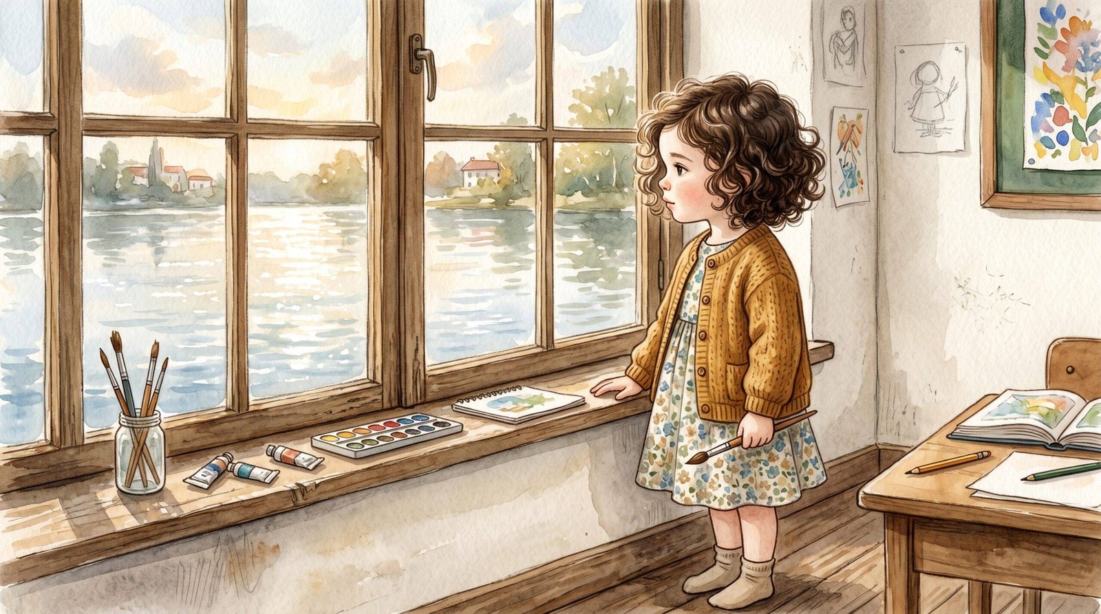 Noa de pie junto a ventana del aula observando luz y reflejos estilo Monet — Los Mundos de Noa