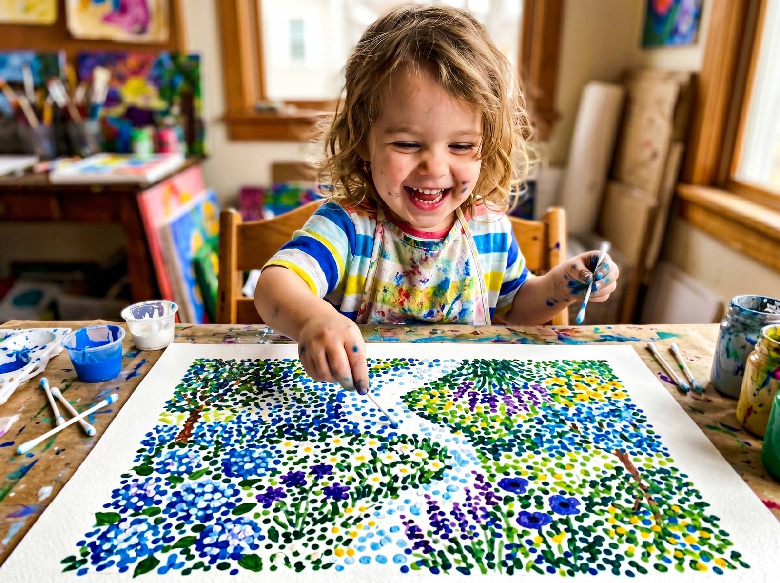 Niño usando hisopos para hacer puntitos de pintura creando efecto impresionista estilo Monet — Los Mundos de Noa