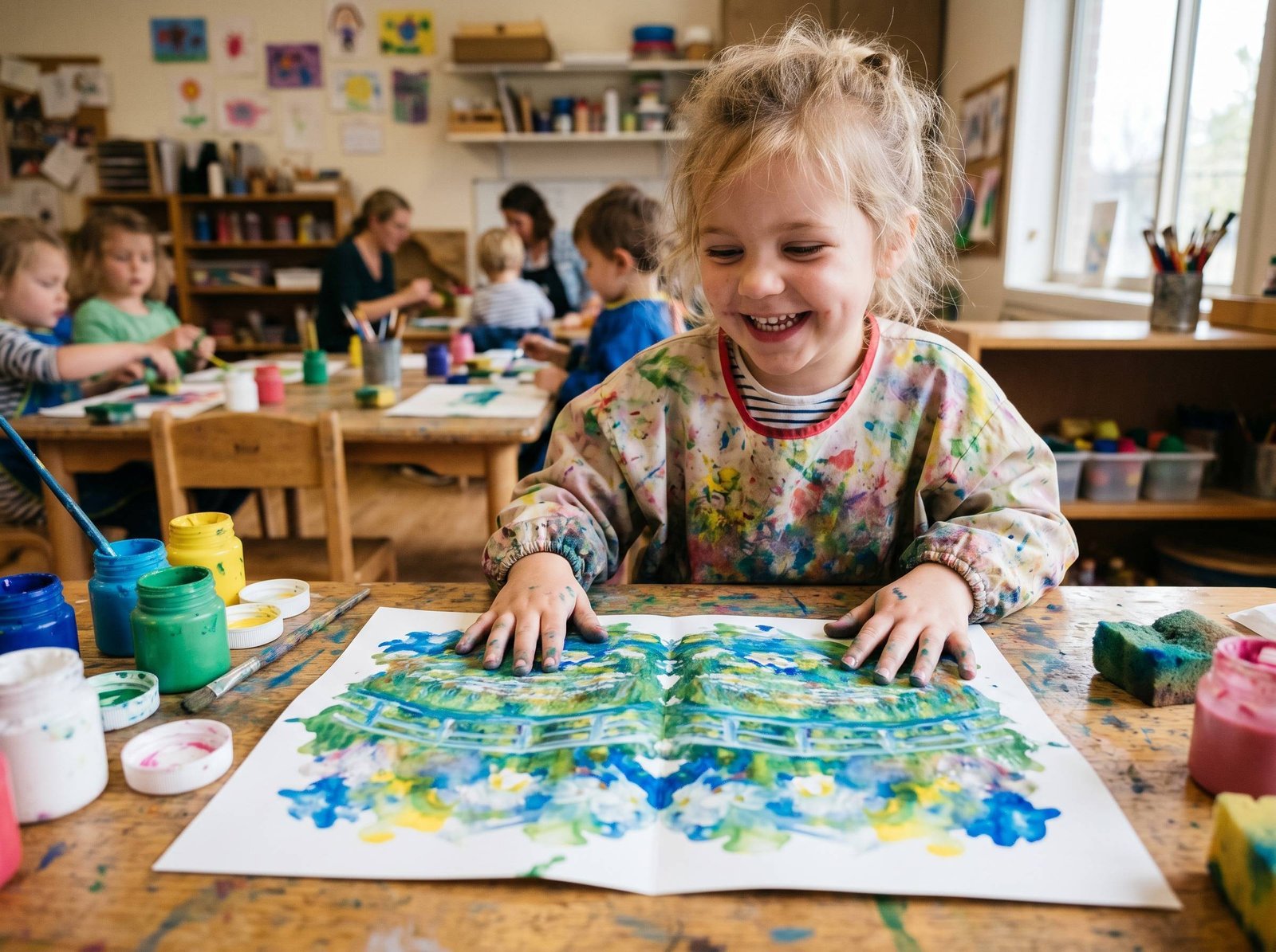 Niño doblando papel y estampando pintura para crear efecto reflejo simétrico estilo Monet — Los Mundos de Noa
