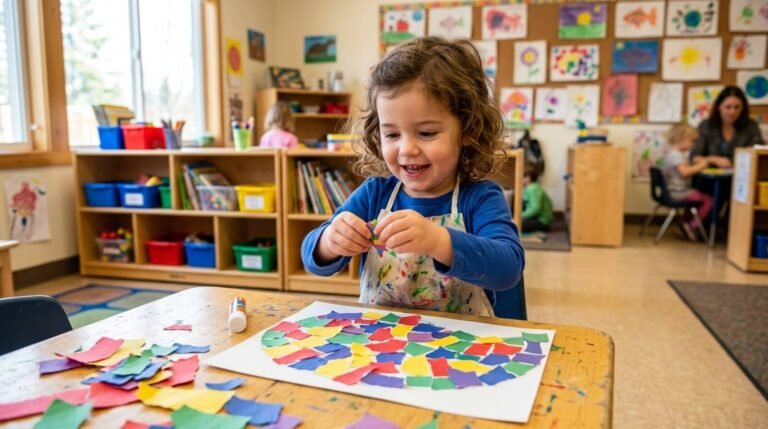 Niño de 3 años creando mosaicos de papel rasgado en mesa de aula infantil
