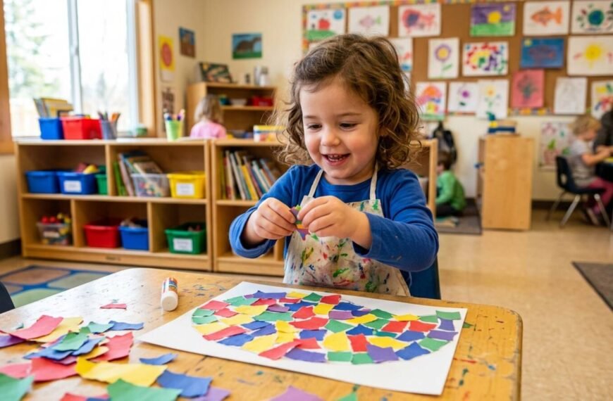 Niño de 3 años creando mosaicos de papel rasgado en mesa de aula infantil