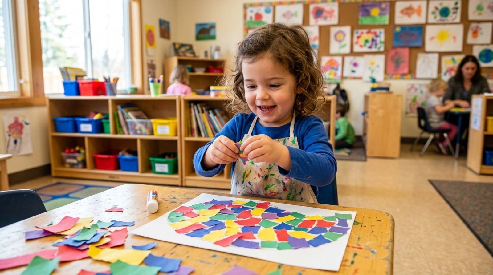 Niño de 3 años creando mosaicos de papel rasgado en mesa de aula infantil