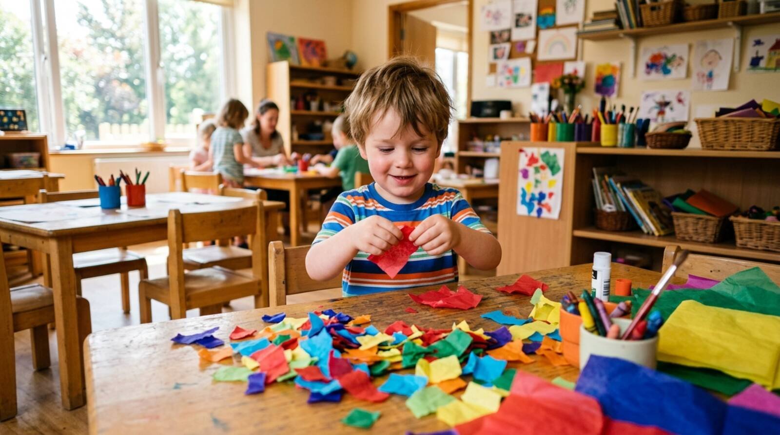 Niño rasgando papel de colores para la actividad de mosaicos