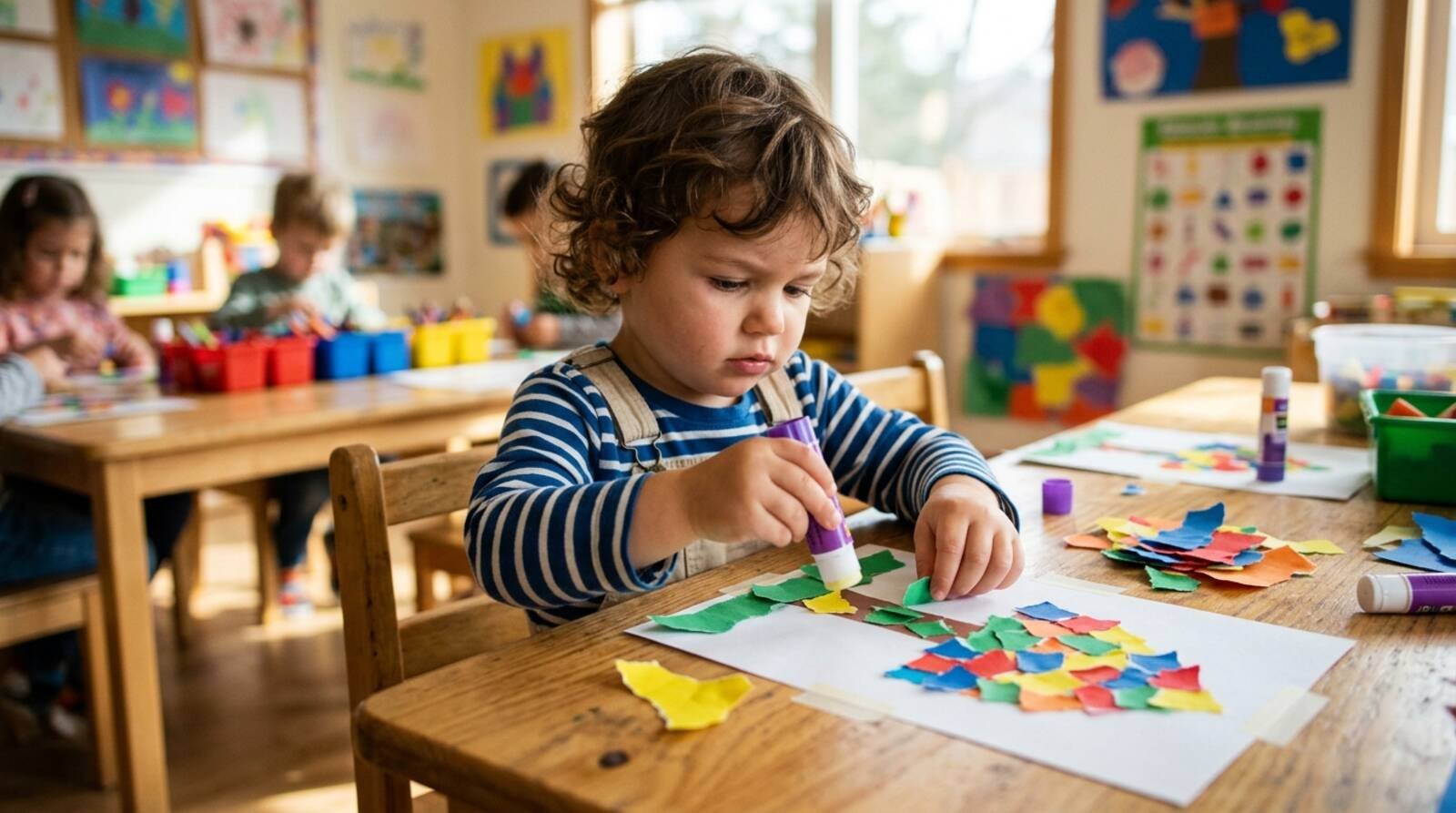 Niño pegando trozos de papel de colores sobre base blanca para crear mosaico