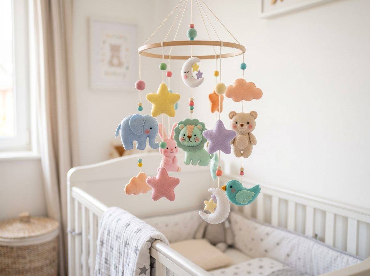 Móvil de cuna con figuras de tela coloridas y estrellas sobre fondo blanco — Los Mundos de Noa