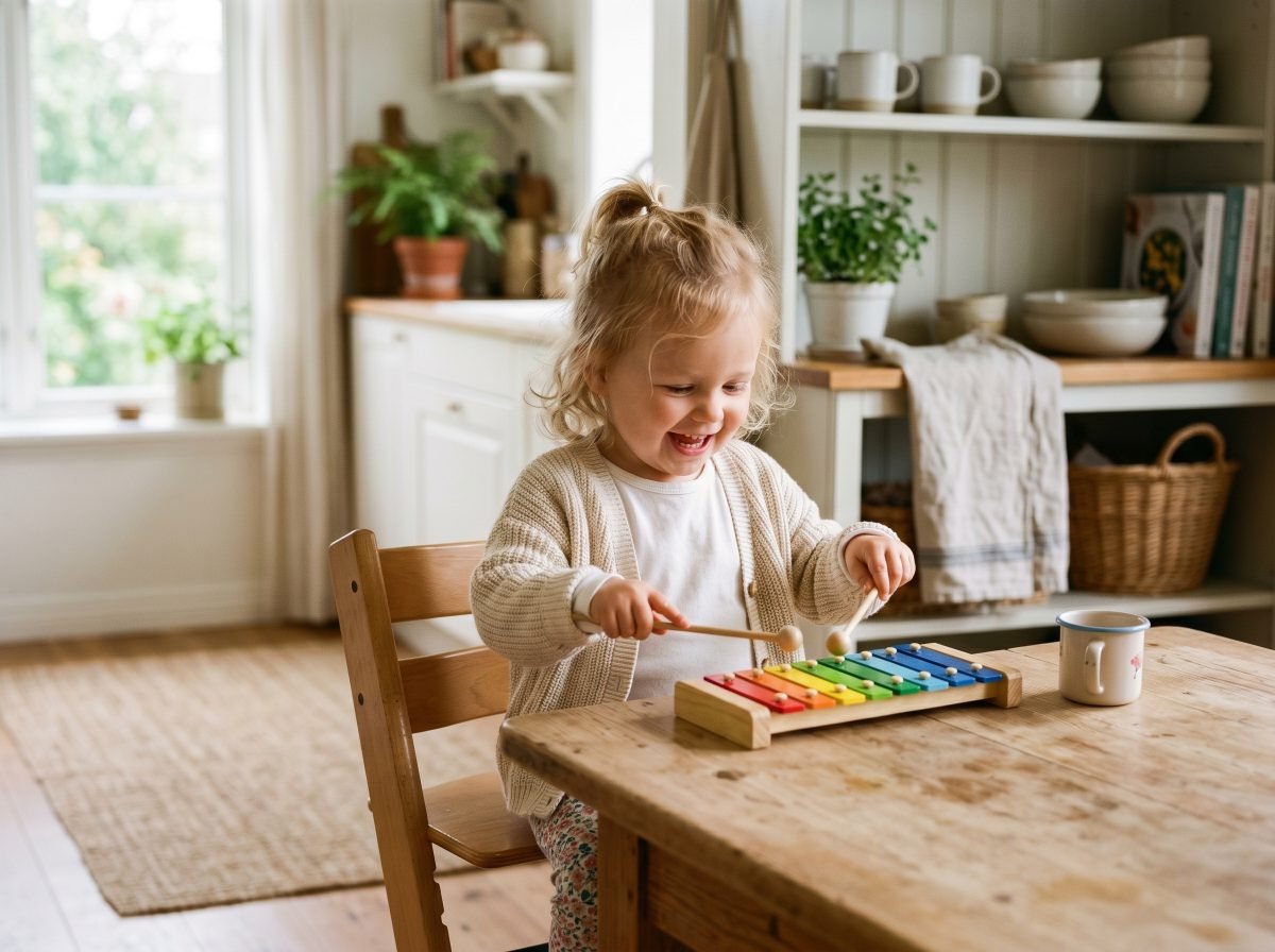 Niña pequeña tocando un xilófono de madera en casa con luz natural — Los Mundos de Noa