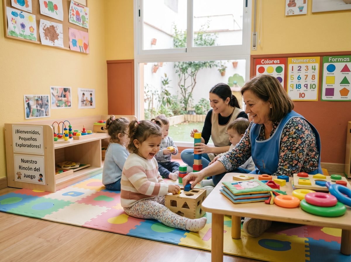 Niño ya adaptado jugando feliz con educadoras y compañeros en aula de educación infantil — Los Mundos de Noa