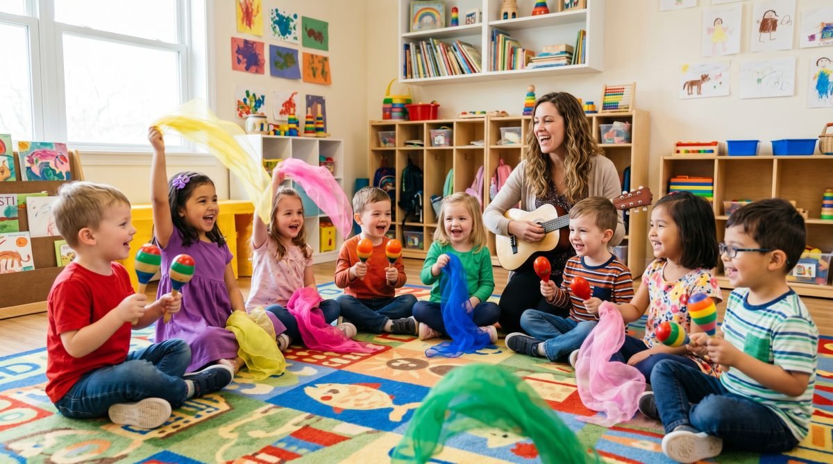 Grupo de niños en círculo haciendo actividad musical con maracas en guardería — Los Mundos de Noa