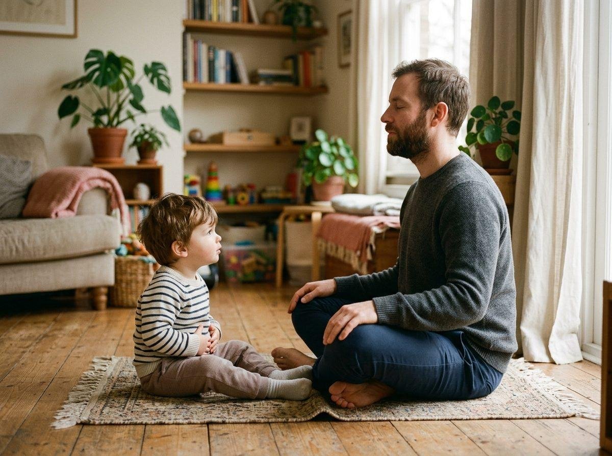 Padre e hijo haciendo respiración consciente juntos — Los Mundos de Noa