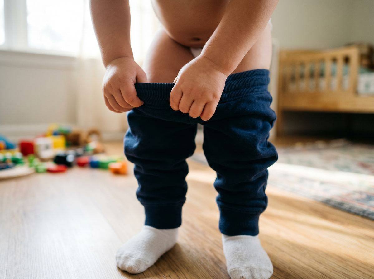 Niño aprendiendo a subirse los pantalones solo — autonomía para dejar el pañal Los Mundos de Noa
