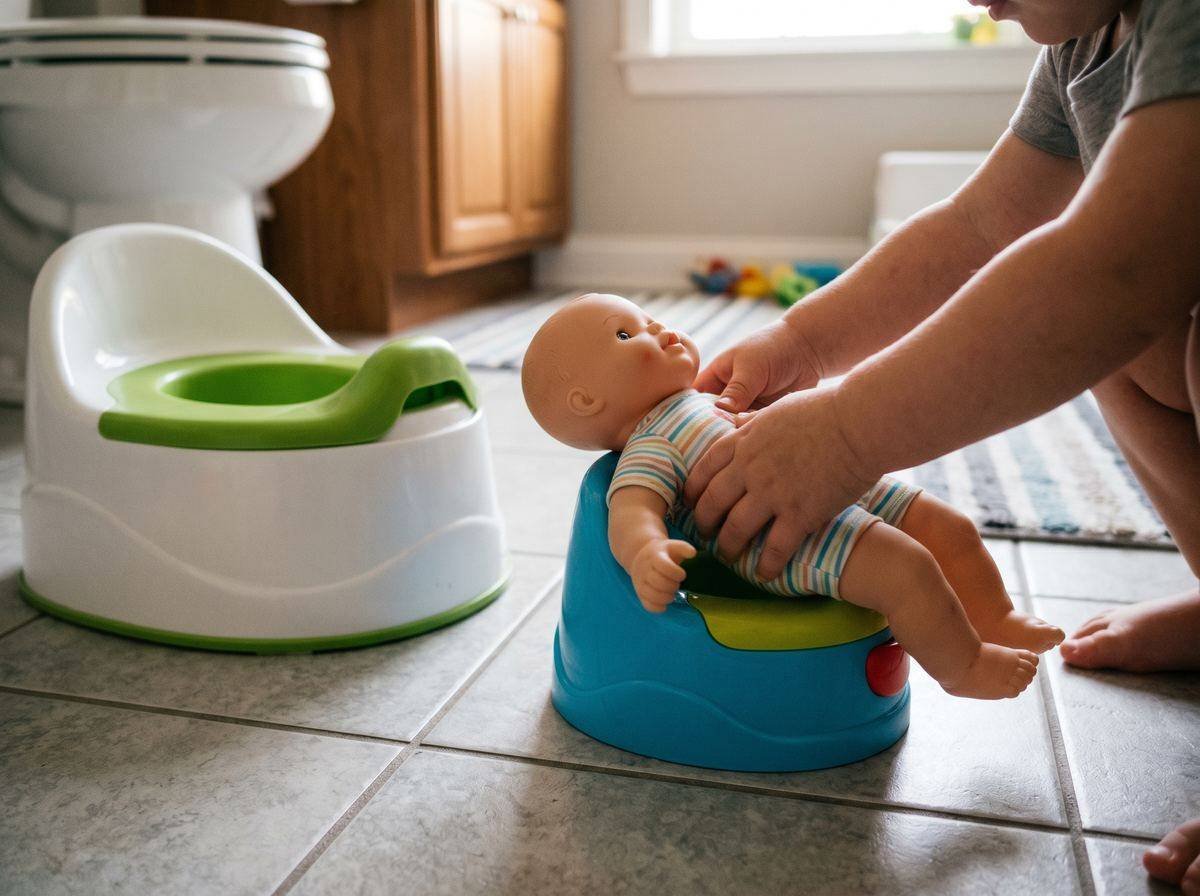 Niño jugando con muñeca y orinal — preparación para dejar el pañal Los Mundos de Noa