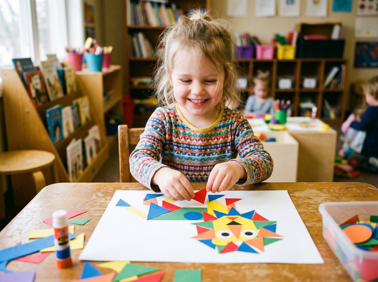 Niño creando animal cubista con formas geométricas de papel estilo Picasso — Los Mundos de Noa