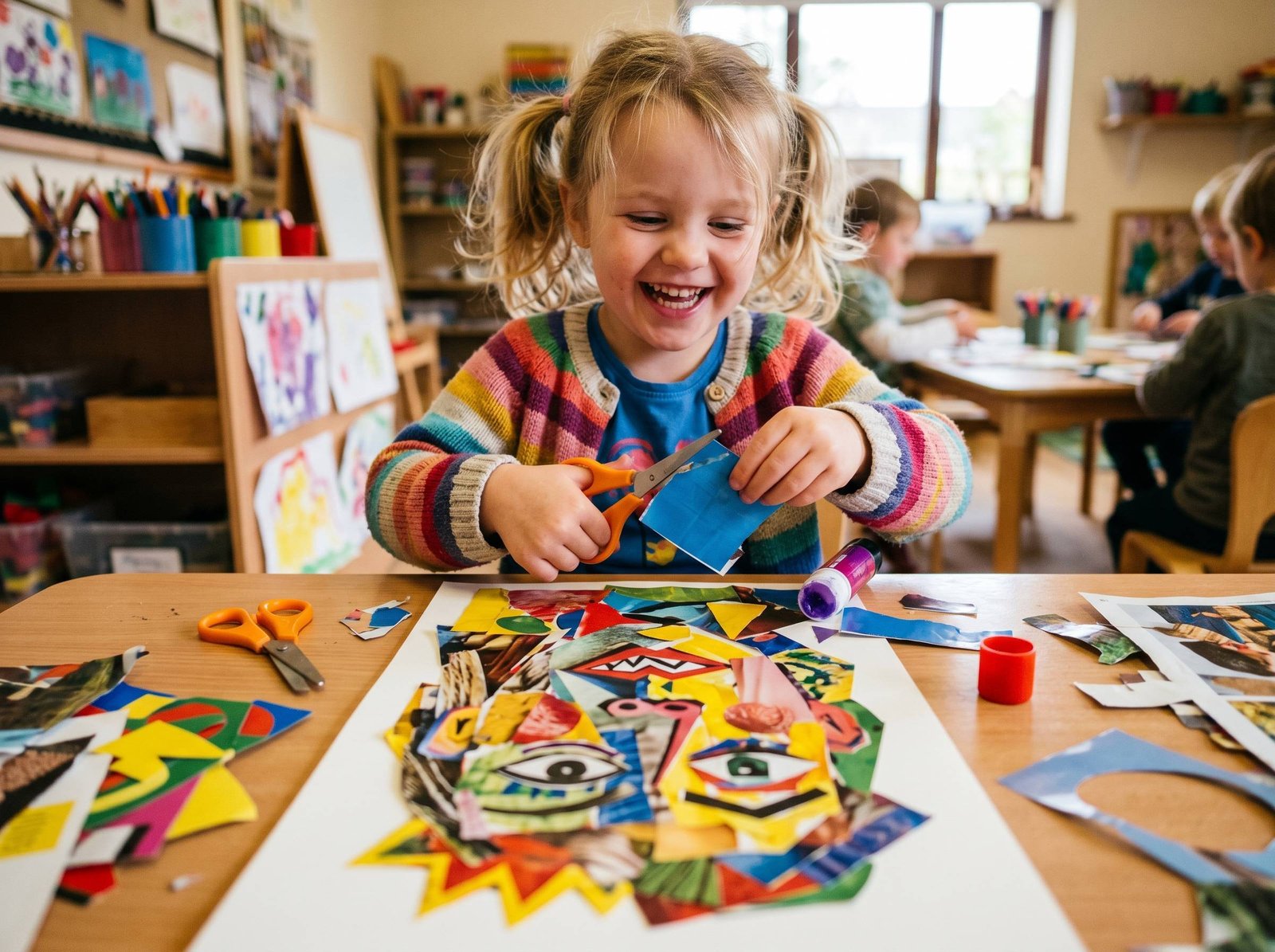 Niño creando caras locas cubistas pegando partes de revistas estilo Picasso — Los Mundos de Noa