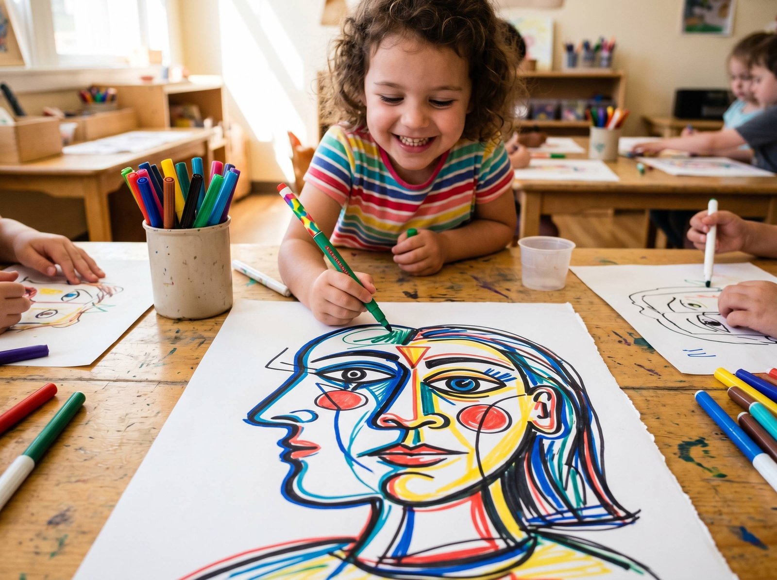 Niño dibujando cara desde dos perspectivas (perfil y frente) estilo Picasso — Los Mundos de Noa