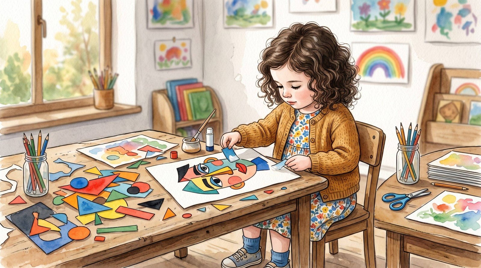 Noa haciendo collage cubista estilo Picasso — ilustración acuarela infantil — Los Mundos de Noa