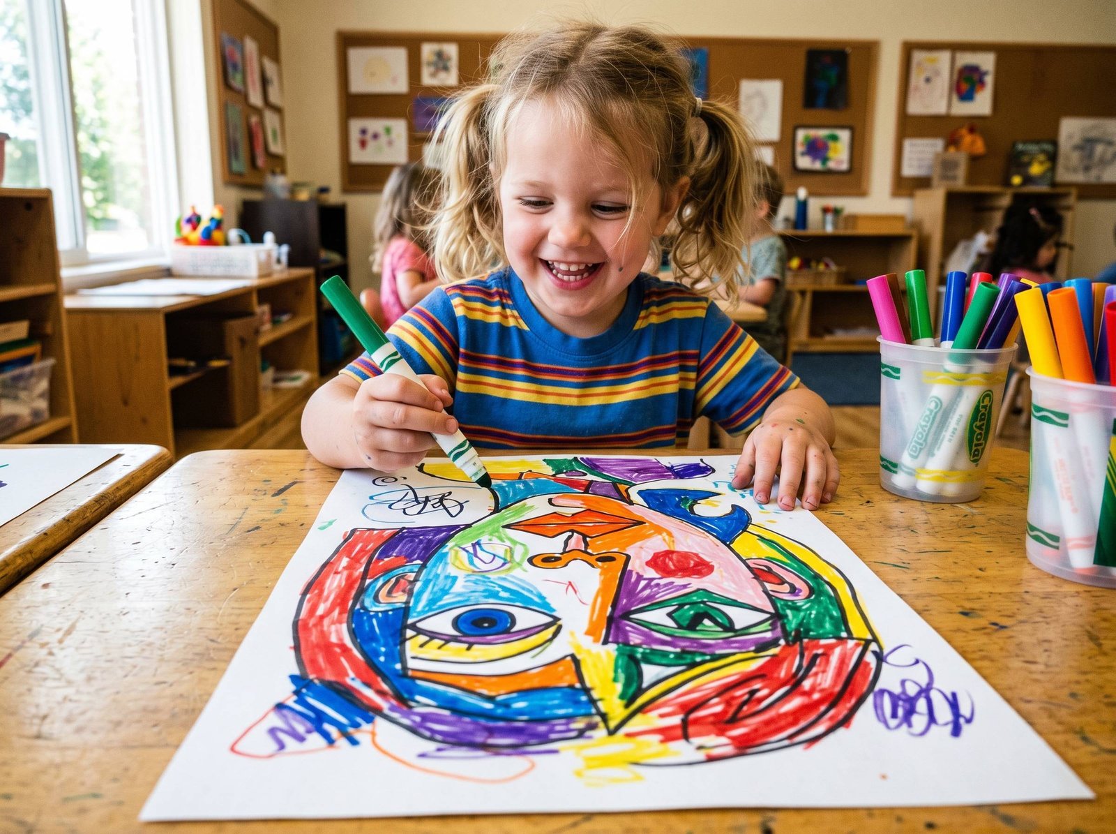 Niño dibujando retrato cubista con rotuladores de colores estilo Picasso — Los Mundos de Noa
