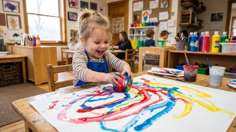 Niño arrastrando cubito de hielo con témpera dejando rastros de color sobre papel blanco — pintura con hielo para niños