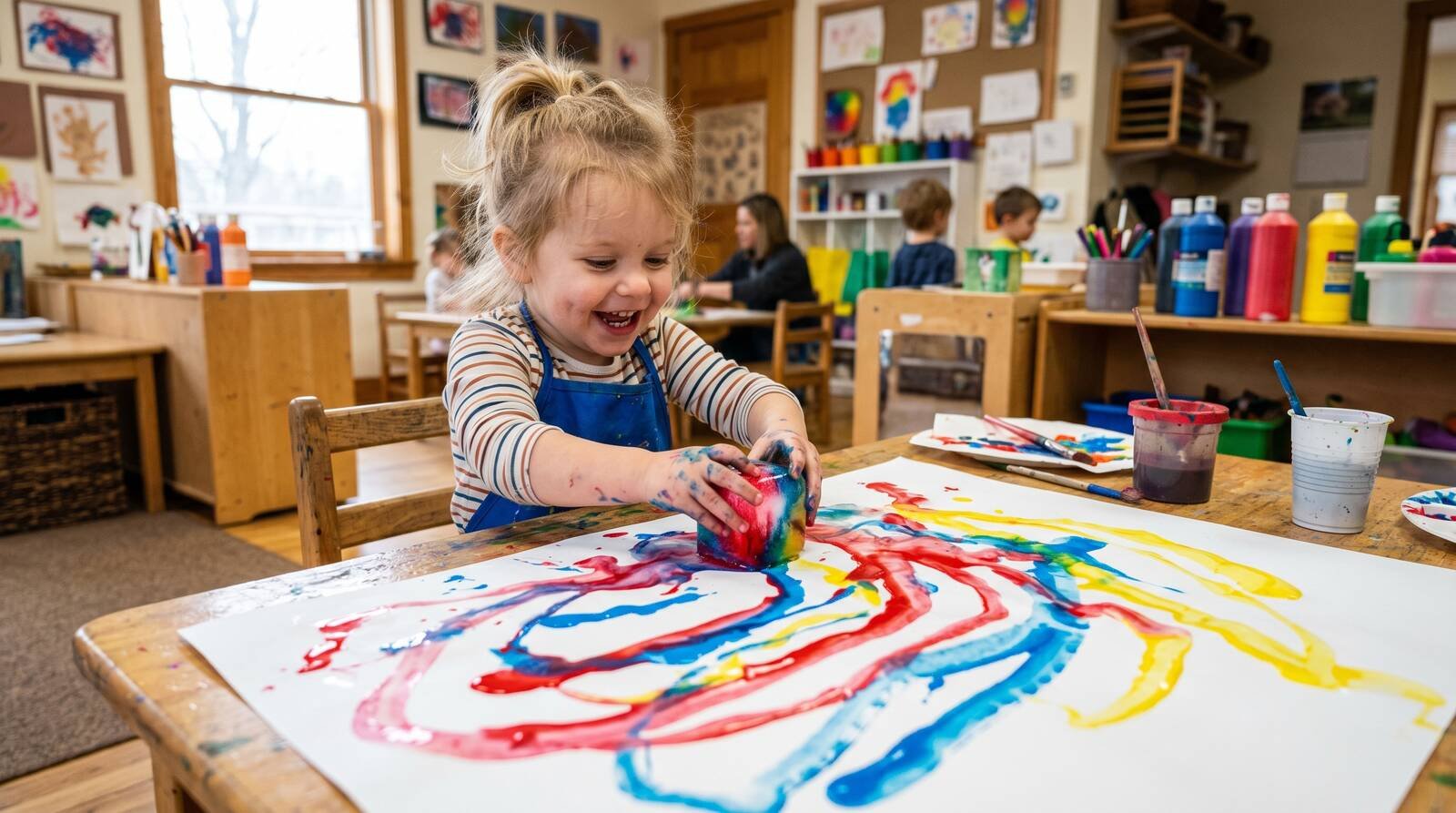 Niño arrastrando cubito de hielo con témpera dejando rastros de color sobre papel blanco — pintura con hielo para niños