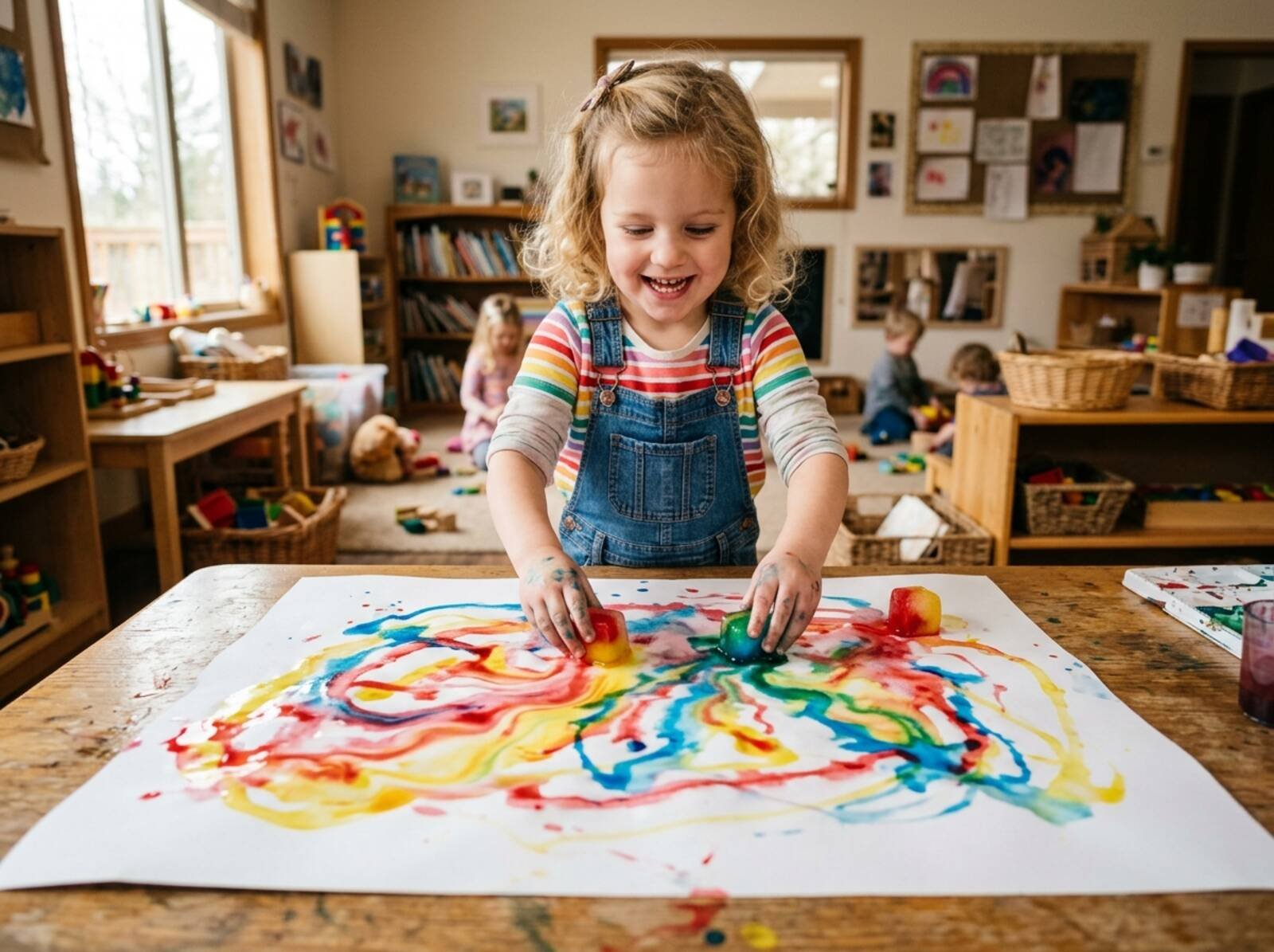 Niño arrastrando cubito de hielo de colores sobre papel blanco
