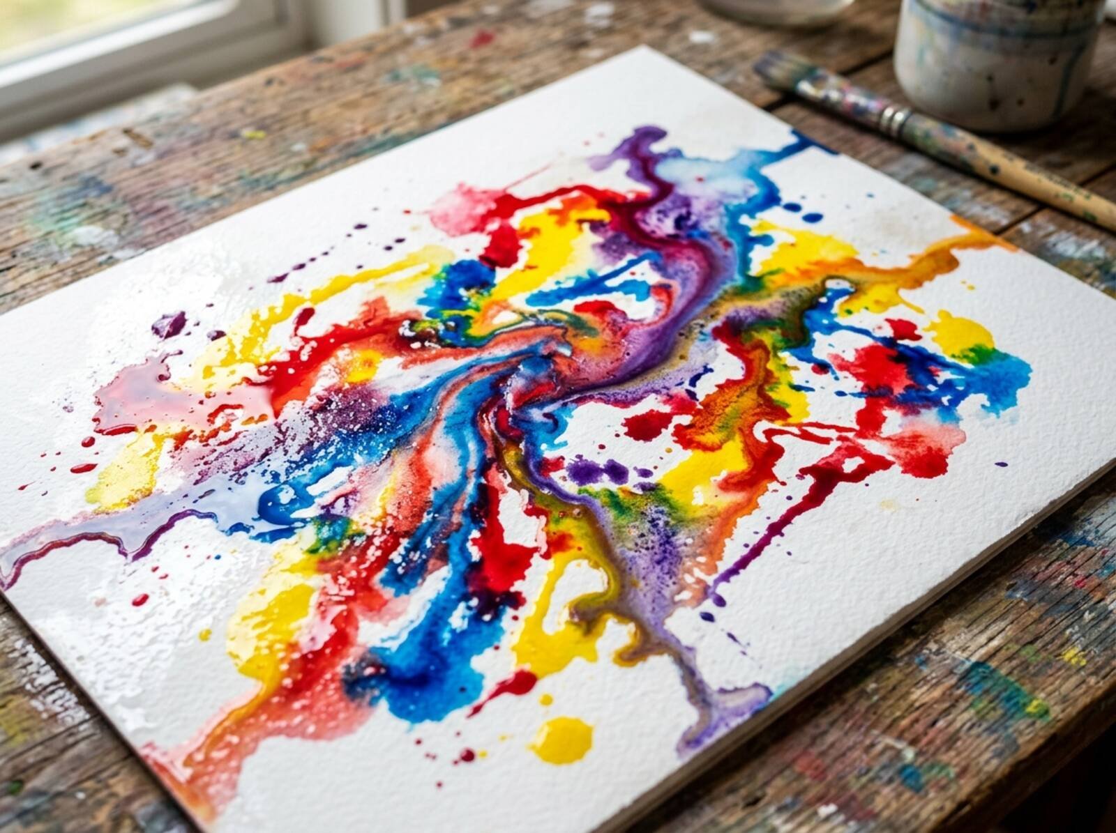 Resultado final de pintura con hielo: obra abstracta con mezclas de colores sobre papel blanco