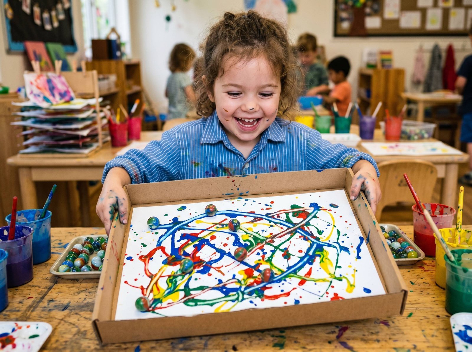 Niño moviendo caja con canicas en pintura creando patrones estilo Pollock — Los Mundos de Noa