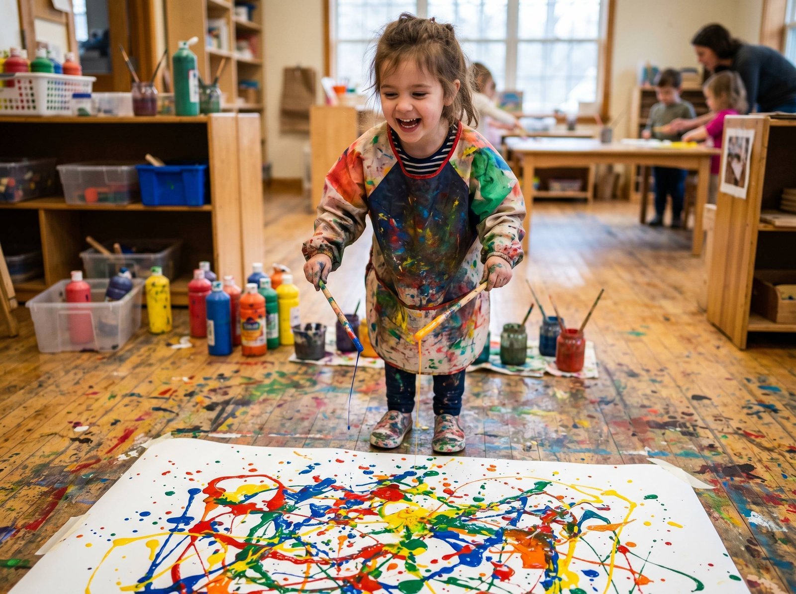 Niño haciendo drip painting con palo goteando pintura estilo Pollock — Los Mundos de Noa